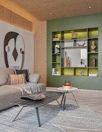 a living room with a couch and a coffee table